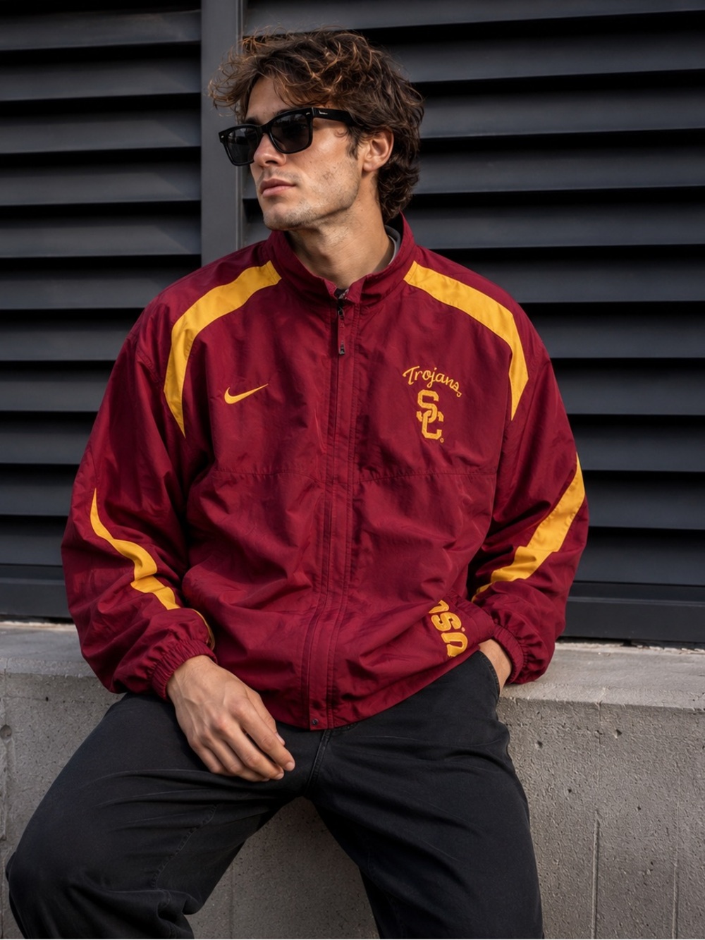 🐴USC Trojans Nike Double Zipper Windbreaker Jacket Sz L Unisex Red With Yellow